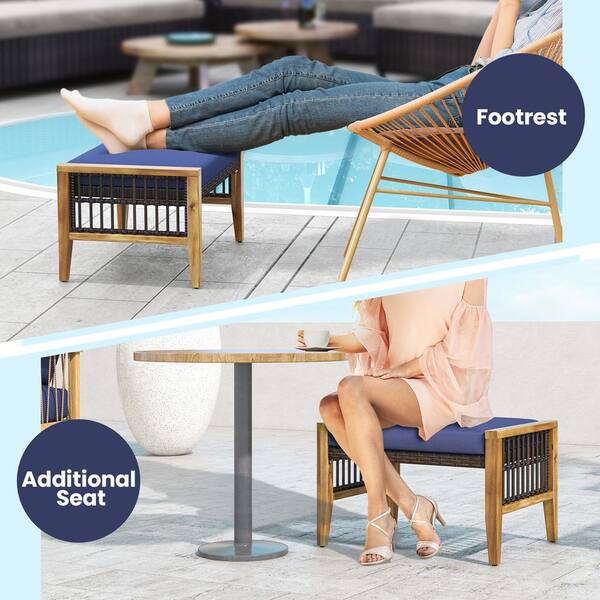 Gymax 2-Pieces Acacia Wood Outdoor Patio Ottoman Footstool
