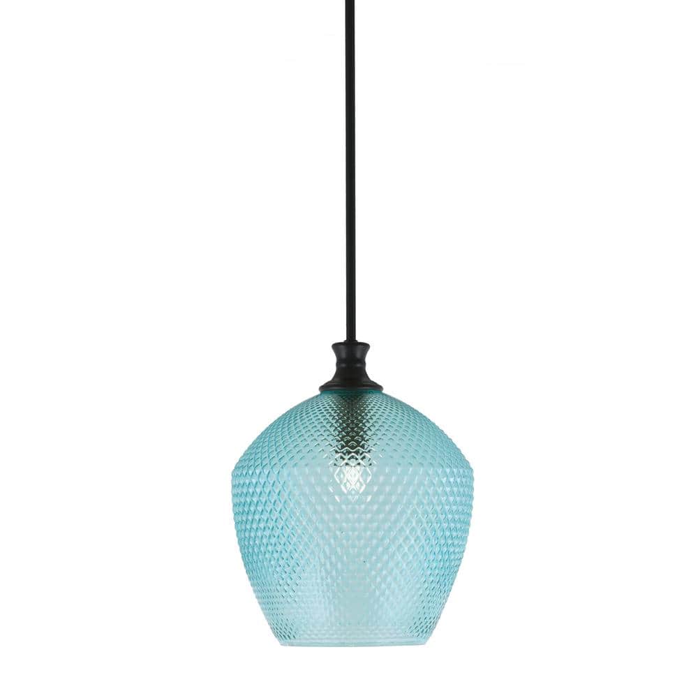Tyler 60-Watt 1-Light Matte Black Stem Mini Pendant Light with Turquoise Te