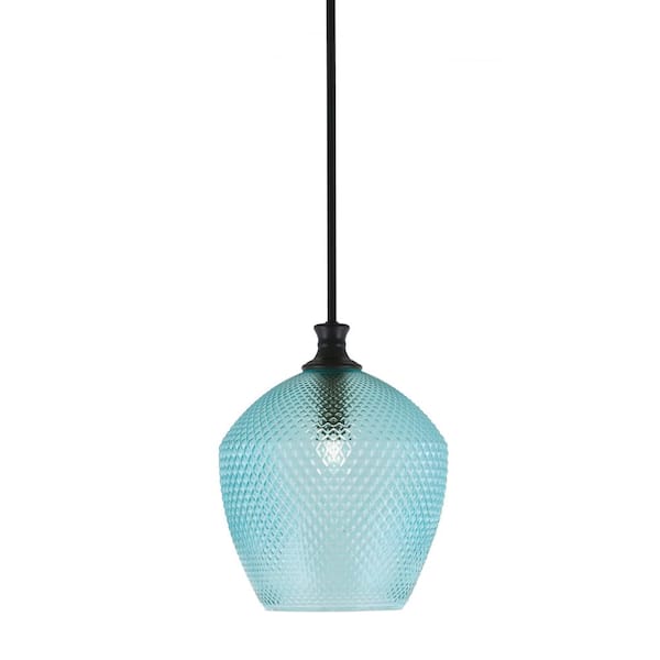 Unbranded Tyler 60-Watt 1-Light Matte Black Stem Mini Pendant Light with Turquoise Textured Glass Shade