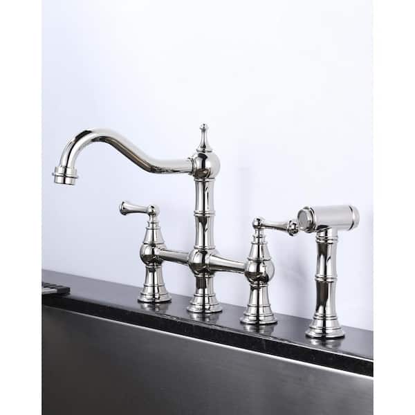 Double Handles Bridge Kitchen Faucet with Side Sprayer in Polished Chrome