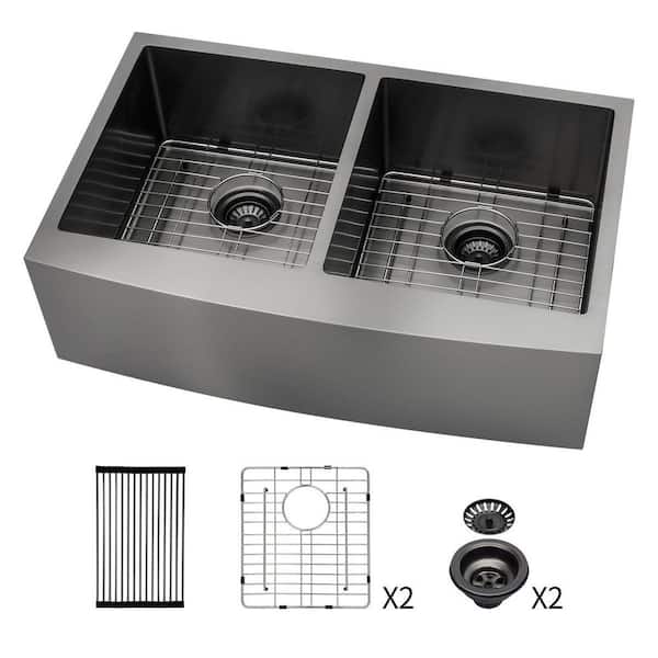 33 in. Apron Front Double Bowl 16 Gauge Gunmetal Black Stainless Steel Kitchen Sink with Drain Assembly, Dish Grid