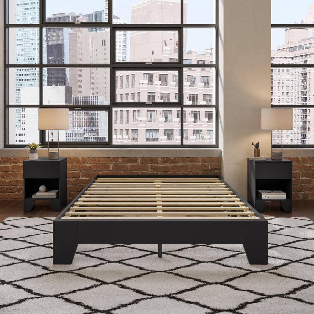 Lugano Black Full Wood Platform Bed Frame with Drawer