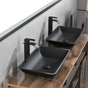 Matte Shell Glass Rectangular Vessel Bathroom Sink in Black with Faucet and Pop-Up Drain in Matte Black