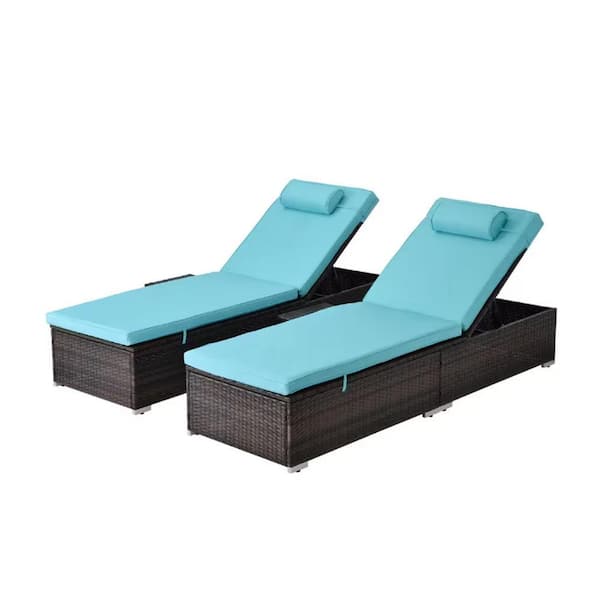 Sudzendf 2-Piece Adjustable Backrest PE Rattan Wicker Outdoor Chaise Lounge with Cup Holder, Blue Cushions