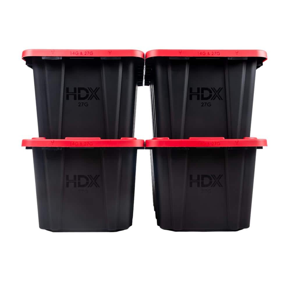 HDX 27 Gal. Tough Storage Tote in Black with Red Lid (4-Pack) 999-HDX-27G-R4 - The Home Depot