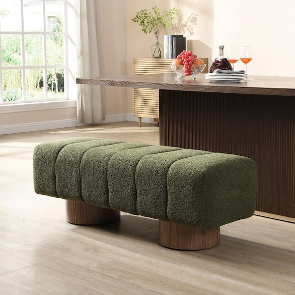 Bronx 50 in. Modern Boucle Fabric Upholstered Entryway Ottoman Bedroom Bench with Wood Legs, Green