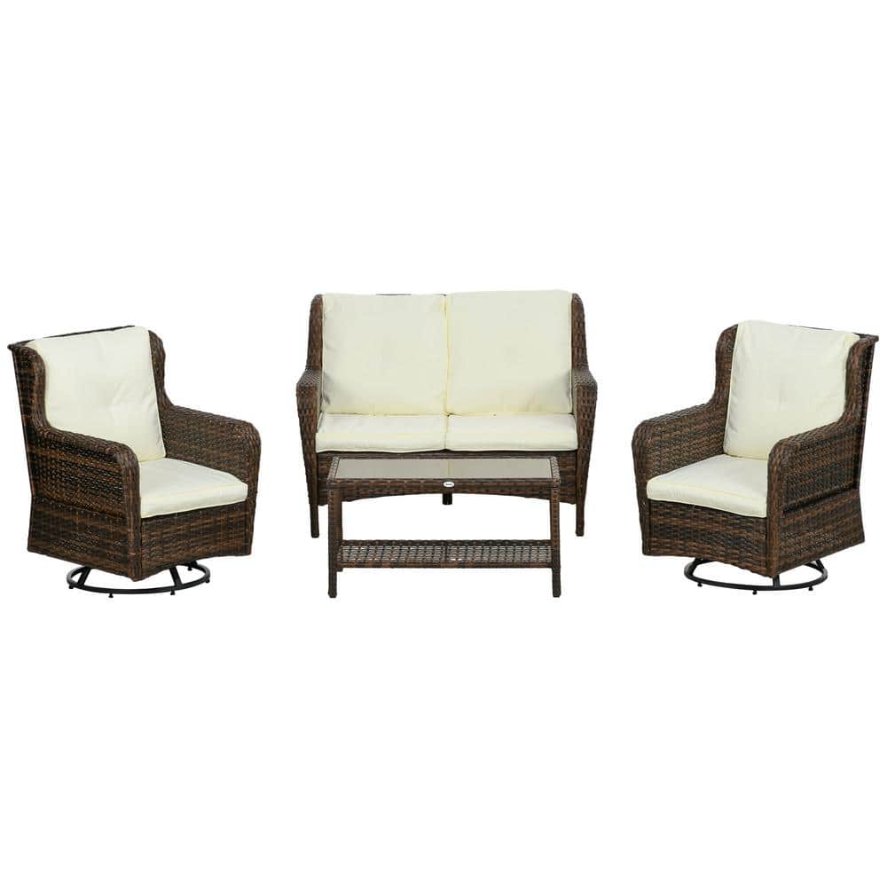 4-Piece PE Rattan Outdoor Patio Furniture Set, Wicker Conversation Set, Cre