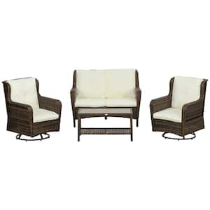 4-Piece PE Rattan Outdoor Patio Furniture Set, Wicker Conversation Set, Cream White