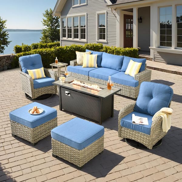 HOOOWOOO Kelleys 9-Piece Wicker Modern Outdoor Patio Fire Pit Conversation Sofa Set with Swivel Chairs and Sky-Blue Cushions