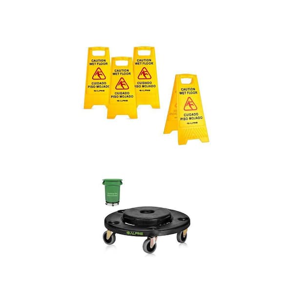 Universal Trash Can Dolly and 24 in. Yellow Caution Wet Floor Sign Combo (4-Pack)