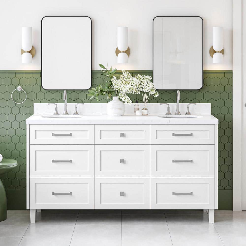 Monroe 66 in. Double Sink Freestanding Bathroom Vanity in White with Carrara White Quartz Top price history on PriceWatchPro