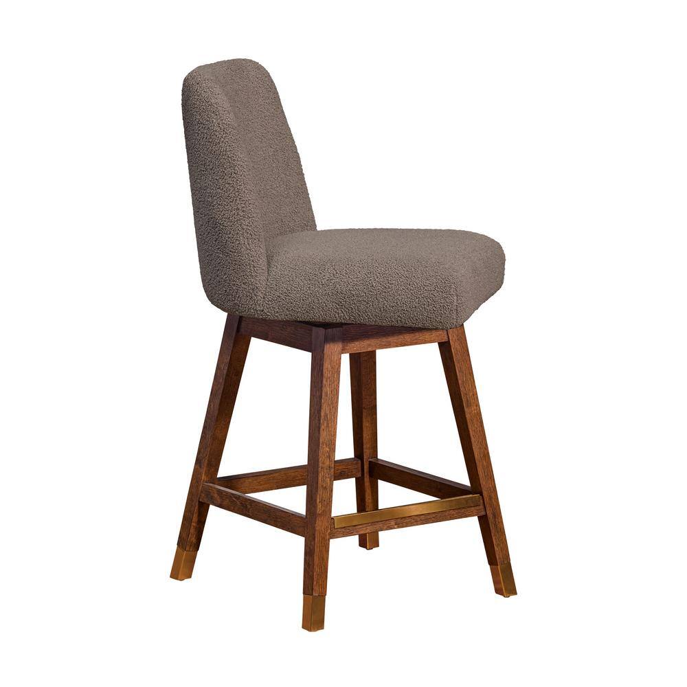 Brown Oak Wood Swivel Counter Stool with Taupe Boucle Fabric