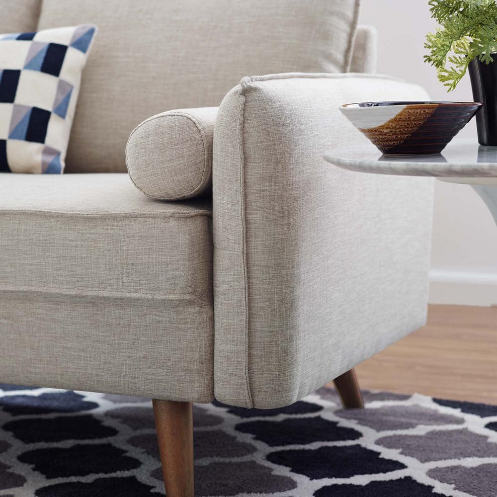 Beige Fabric Loveseat with Walnut Wood Legs