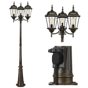 3-Light Bronze Aluminum Hardwired Outdoor Waterproof Post Light Set with Dusk to Dawn No Bulbs Included