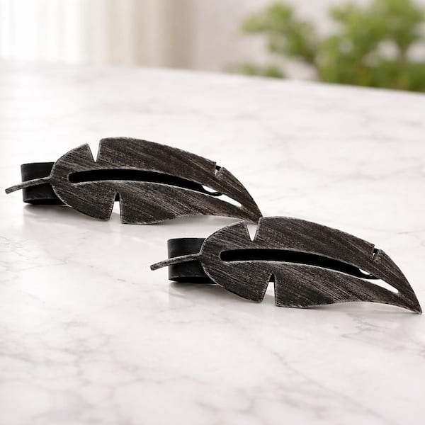 6.8 in. Magnetic Metal Feather Curtain Tiebacks Plume in Black Silver (2-Set)