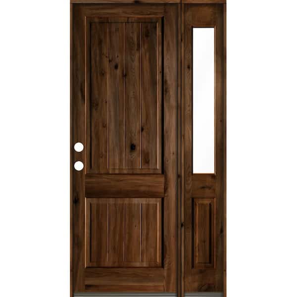 Krosswood Doors 56 in. x 96 in. Knotty Alder Square Top Right-Hand/Inswing Glass Provincial Stain Wood Prehung Front Door with RHSL