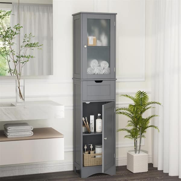 16 in. W x 12 in. D x 67 in. H Gray Bathroom Tall Freestanding Linen Cabinet Tower with Doors and Drawer