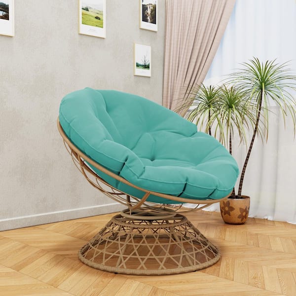 Brown Wicker Outdoor Patio Papasan Swivel Lounge Chair with Turquoise Cushion
