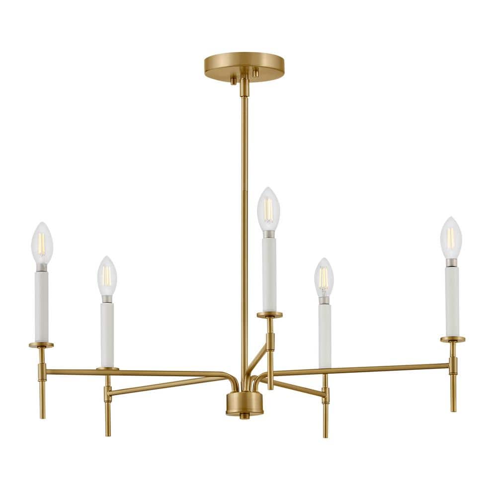 Lacquered Brass and White 5-Light Candle Chandelier