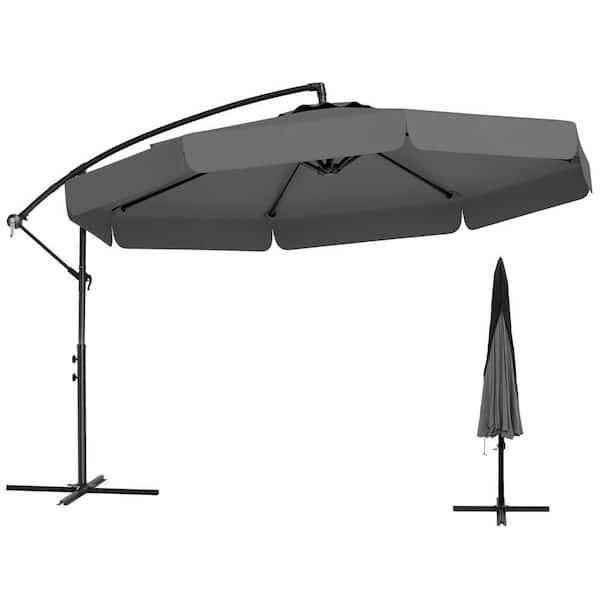 Costway 10 ft. Iron Offset Hanging Umbrella Cantilever Tilt Patio Umbrella with Cover in Gray