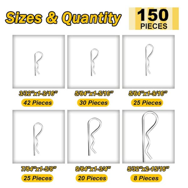 R-Clip Assortment Kit, Zinc-Plated Steel, 6-Sizes (150-Pack)
