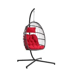 40.8 in. Dark Gray Wicker Rattan Egg Patio Swing with Red Cushions