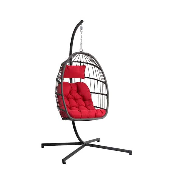 Unbranded 40.8 in. Dark Gray Wicker Rattan Egg Patio Swing with Red Cushions