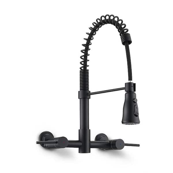 Double Handle Wall Mounted Bridge Kitchen Faucet with 3-Function Pull Down Sprayer Head in Matte Black