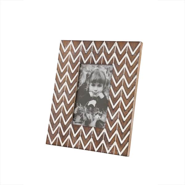 Litton Lane 4 in. x 6 in. Rectangular White and Natural Carved Wood Picture Frame with Chevron Pattern