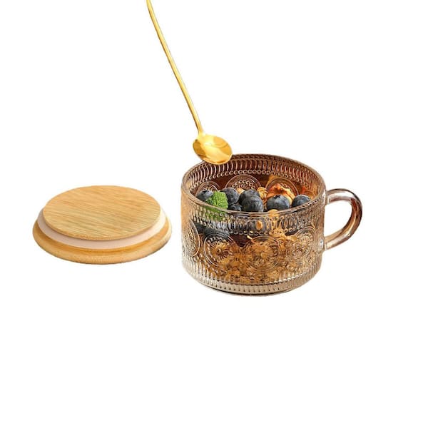 14 oz. Patterned Clear Glass Mug Set with Bamboo Lids and Golden Spoons, Decorative Kitchenware for Breakfast and Drinks
