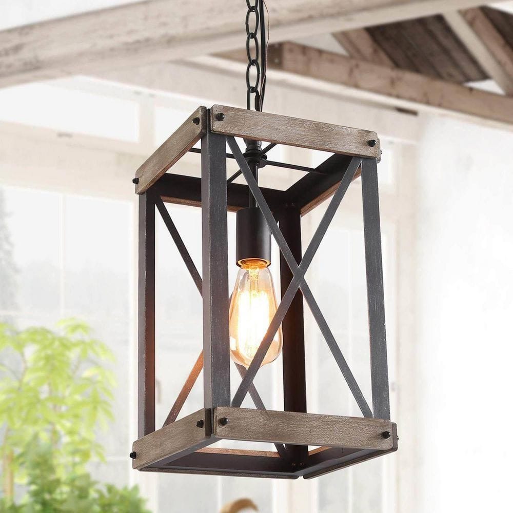 Farmhouse Black Metal & Wood Ceiling Lamp - Rustic Island Kitchen Light With Adjustable Chain