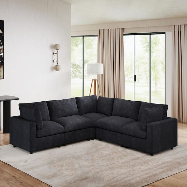 Magic Home 202 in. Square Arm Chenille Fabric 5-Piece Modular Free Combination Sectional Sofa in. Black