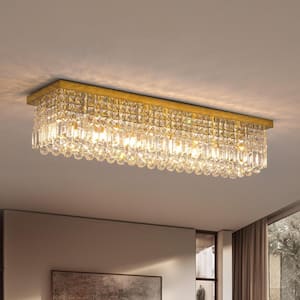 40 in. 8-Light Gold Rectangle Flush Mount with K9 Clear Crystal Shade and No Bulbs Included