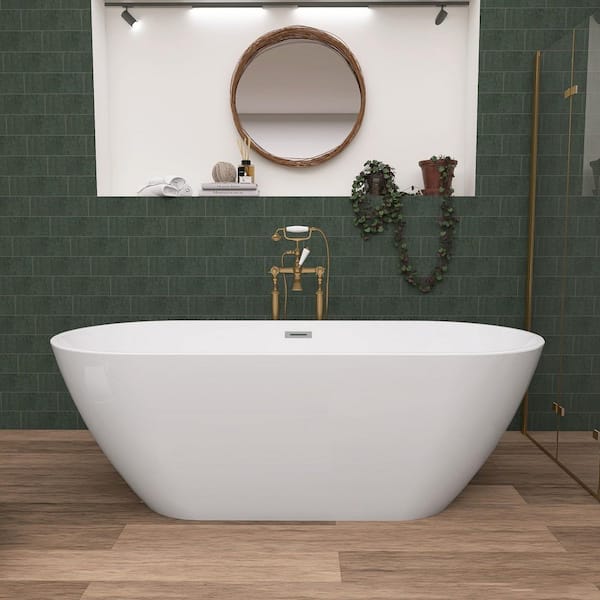 Dan 59 in. x 28.8 in. Acrylic Freestanding Soaking Bathtub Flatbottom Oval Tub with Anti-Clogging Drain in Glossy White