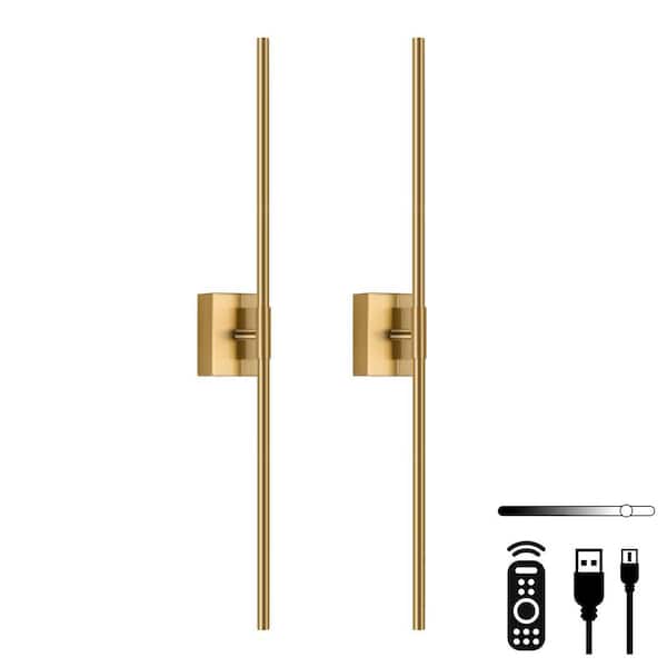 24 in. Brushed Gold Rechargeable Battery Operated Wall Sconce (Set of 2) 360° Rotatable LED Wall Light with Remote