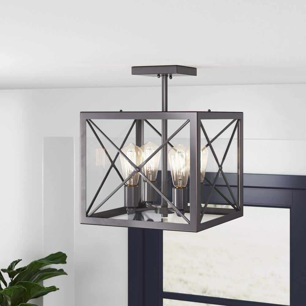 High Line 14 in. 4-Light Satin Bronze Industrial Entryway Semi-Flush Mount with Clear Glass Panels price history on PriceWatchPro