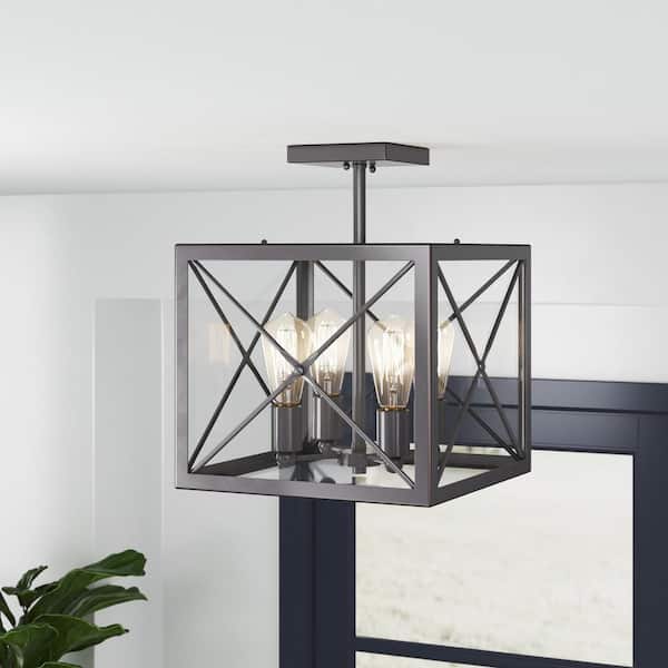 Designers Fountain High Line 14 in. 4-Light Satin Bronze Industrial Entryway Semi-Flush Mount with Clear Glass Panels