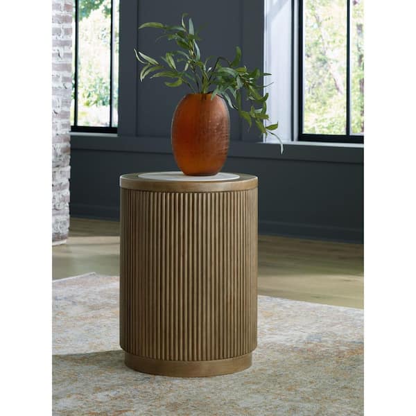 Signature Design By Ashley Camdill 18 in. Brown Round Faux Marble End Table with Pedestal Base