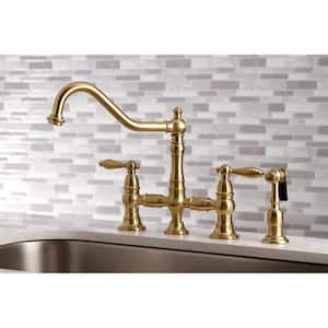 Restoration 2-Handle Bridge Kitchen Faucet with Side Sprayer in Brushed Brass