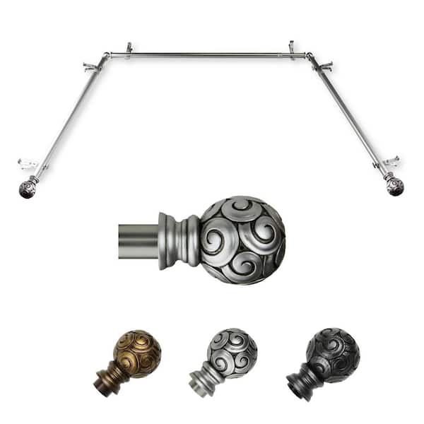 EMOH 13/16" Dia Adjustable 20"-36", 38"-72" Bay Window Curtain Rod with Irma Finials in Satin Nickel