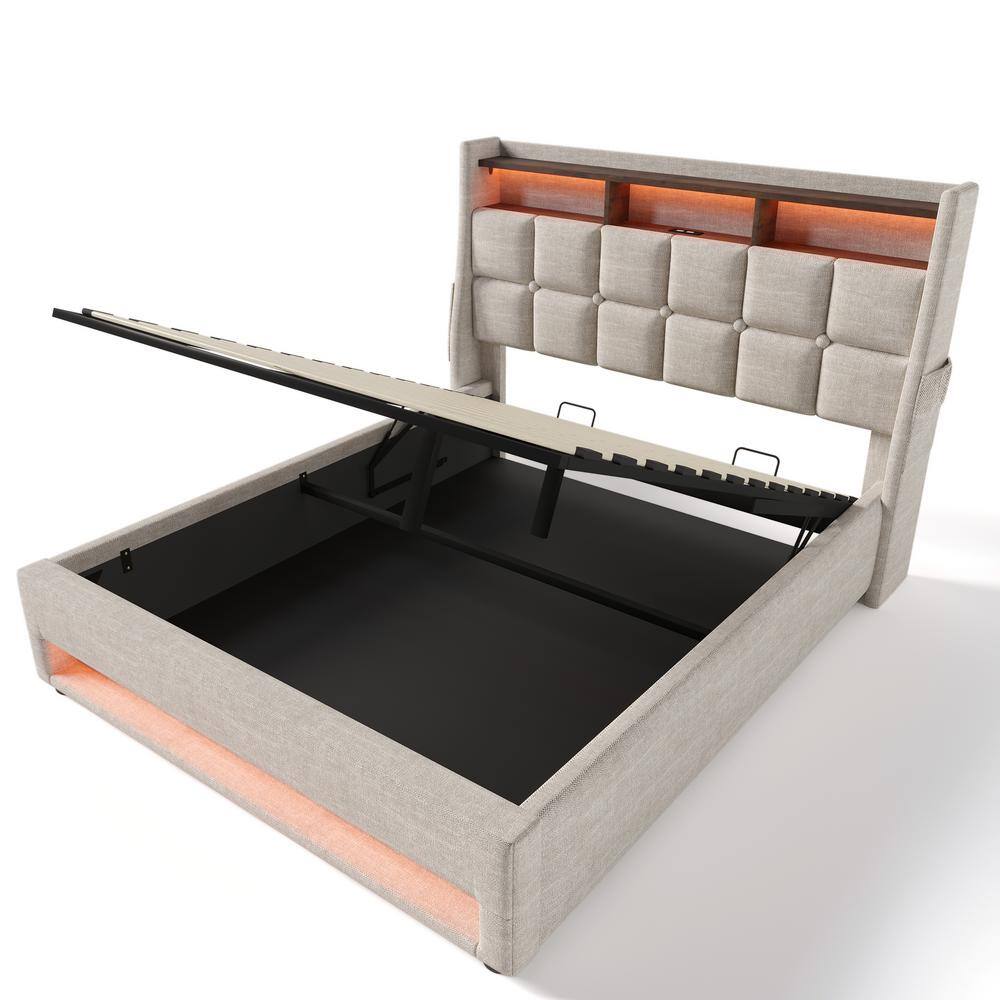 Gray Wood Frame Full Linen Platform Bed with LED Lights, Hydraulic Storage, USB Charging, Storage Headboard, Pockets - thumbnail 6