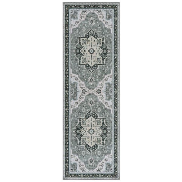 SAFAVIEH Tucson Green/Light Green 3 ft. x 8 ft. Machine Washable Ornate Floral Medallion Runner Rug