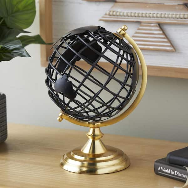 Litton Lane 13 in. x 8 in. Black Metal Open Framed World Decorative Globe with Wire Exterior and Gold Base