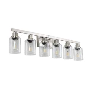 Zeus 36.8 in. 6 Light Brushed Nickel Bathroom Vanity Light with Clear Glass Shade