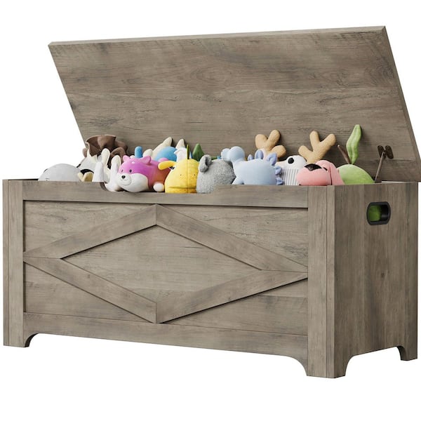 47 Gal. Ash Grey Wood Outdoor Storage Bench with Safety Hinge for Entryway, Bedroom, Living Room