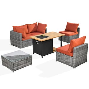Sanibel Gray 6-Piece Wicker Outdoor Patio Conversation Sofa Set with a Storage Fire Pit and Orange Red Cushions