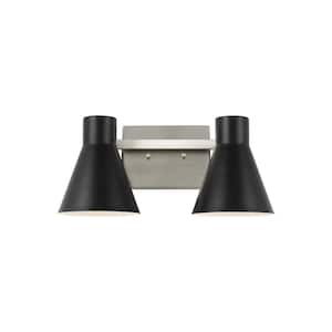 Towner 15.75 in. 2-Light Brushed Nickel Modern Contemporary Bathroom Vanity Light with Black Metal Shades and LED Bulbs