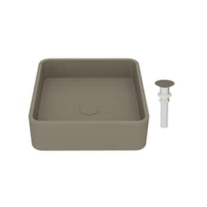 15.35 in. Square Vessel Bathroom Sink with Pop-up Drain in Taupe Clay Brown Cement