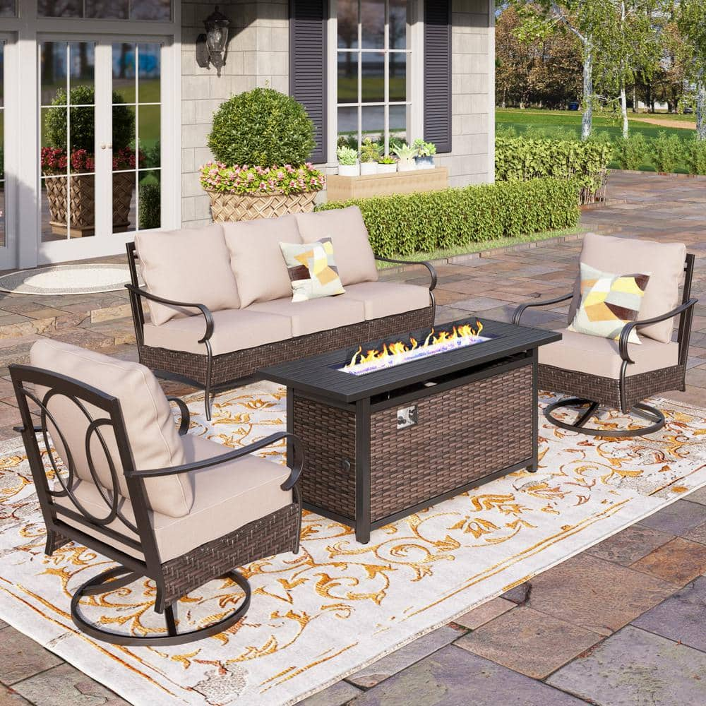 PHI VILLA Metal Frame Dark Brown Rattan 4-Piece Steel Outdoor Fire Pit ...