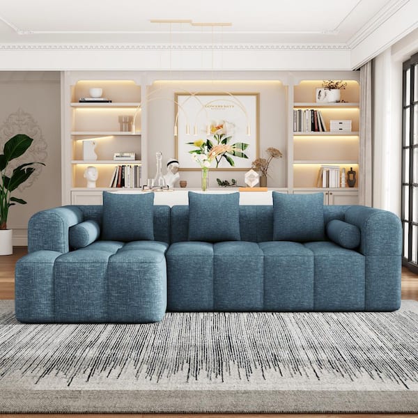 Harper & Bright Designs 101.2 in. Chenille Fabric Sponge Sectional Sofa in. Blue with 3 Square Pillows, 2 Bolster Pillows